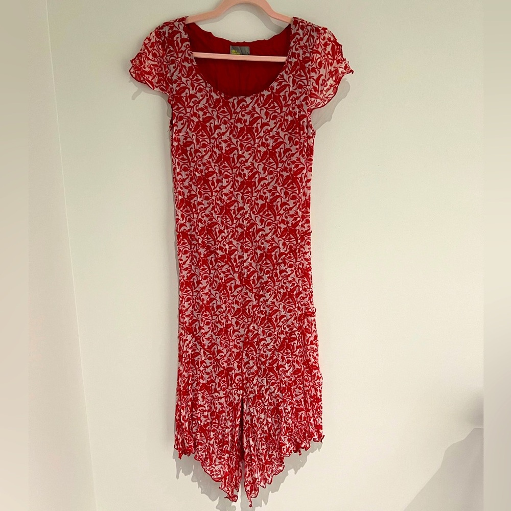 Linea Domani for Melanie Lyne Midi Dress Creped Crinkled Red White Floral Size L